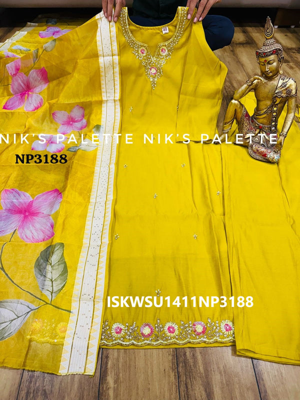 Embroidered Maslin Silk Kurti With Pant And Digital Printed Silk Dupatta-ISKWSU1411NP3188