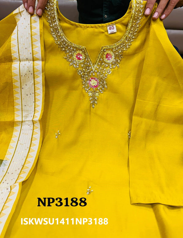 Embroidered Maslin Silk Kurti With Pant And Digital Printed Silk Dupatta-ISKWSU1411NP3188