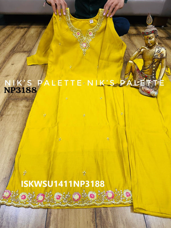 Embroidered Maslin Silk Kurti With Pant And Digital Printed Silk Dupatta-ISKWSU1411NP3188