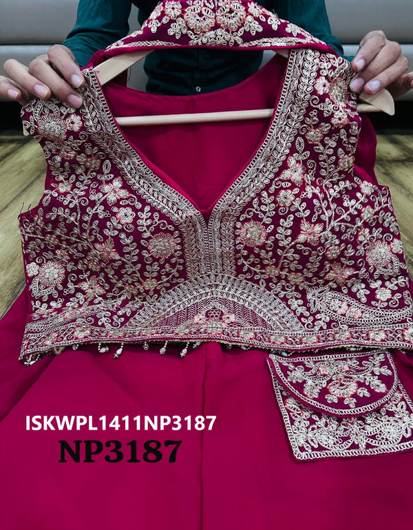 Embroidered Georgette Crop Top With Palazzo And Stitched Dupatta-ISKWPL1411NP3187