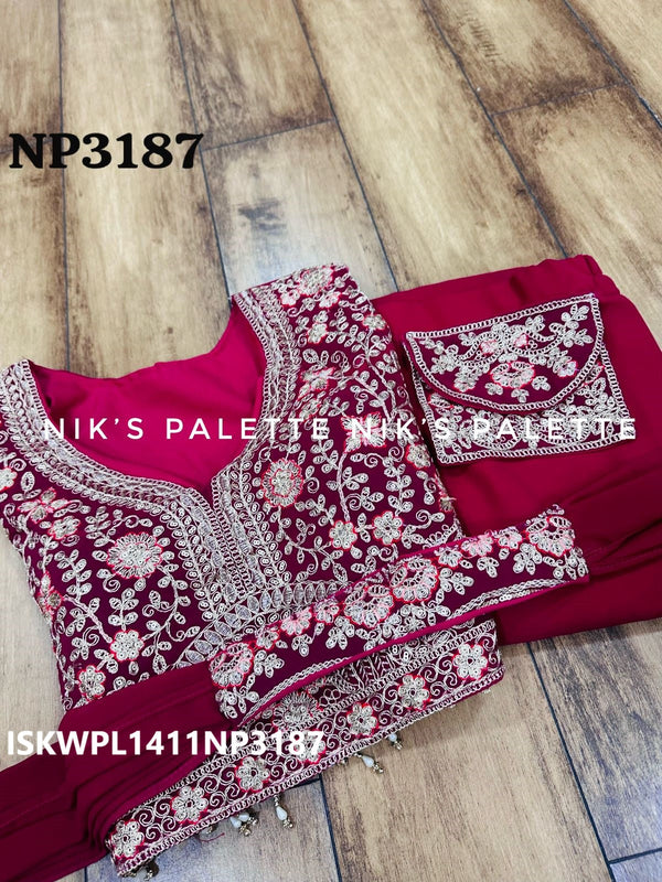 Embroidered Georgette Crop Top With Palazzo And Stitched Dupatta-ISKWPL1411NP3187