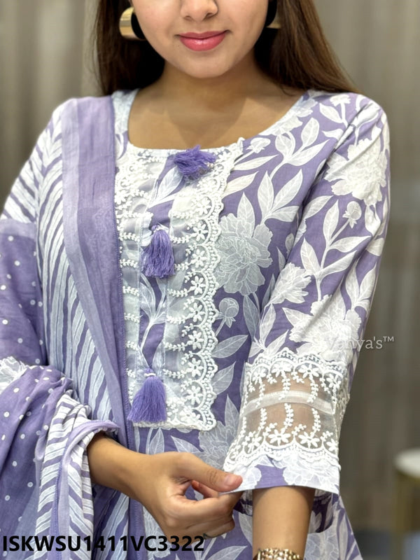 Block Printed Cotton Kurti With Pant And Malmal Cotton Dupatta-ISKWSU1411VC3322