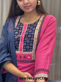 Handloom Cotton Kurti With Pant And Block Printed Malmal Cotton Dupatta-ISKWSU1411VC3321