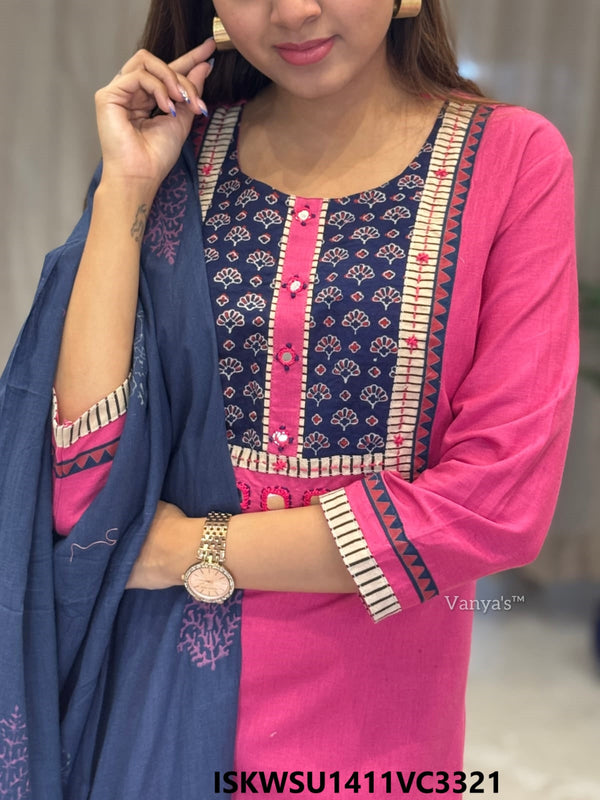 Handloom Cotton Kurti With Pant And Block Printed Malmal Cotton Dupatta-ISKWSU1411VC3321