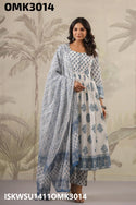 Floral Printed Dobby Cotton Anarkali Kurti With Pant And Hand Block Printed Kota Doriya Dupatta-ISKWSU1411OMK3014