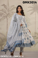 Floral Printed Dobby Cotton Anarkali Kurti With Pant And Hand Block Printed Kota Doriya Dupatta-ISKWSU1411OMK3014