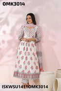 Floral Printed Dobby Cotton Anarkali Kurti With Pant And Hand Block Printed Kota Doriya Dupatta-ISKWSU1411OMK3014