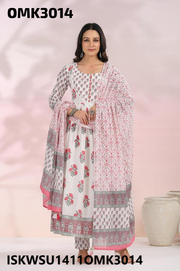 Floral Printed Dobby Cotton Anarkali Kurti With Pant And Hand Block Printed Kota Doriya Dupatta-ISKWSU1411OMK3014