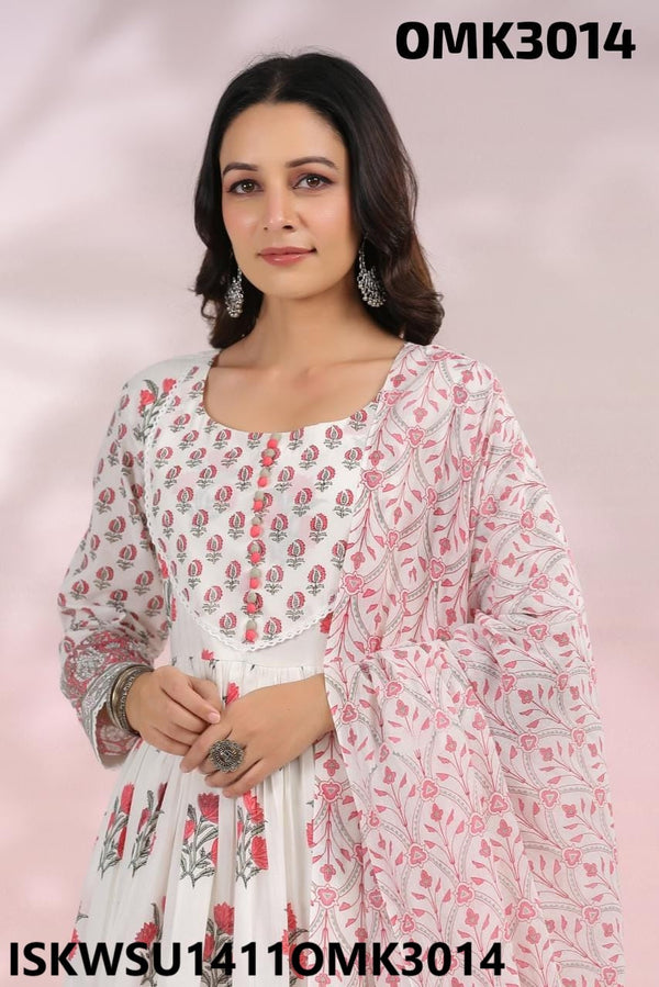 Floral Printed Dobby Cotton Anarkali Kurti With Pant And Hand Block Printed Kota Doriya Dupatta-ISKWSU1411OMK3014