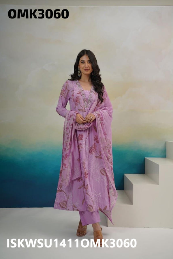 Floral Brush Printed Cotton Anarkali Kurti With Pant And Organza Dupatta-ISKWSU1411OMK3060