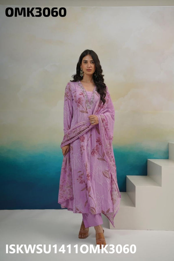 Floral Brush Printed Cotton Anarkali Kurti With Pant And Organza Dupatta-ISKWSU1411OMK3060