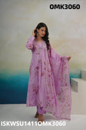 Floral Brush Printed Cotton Anarkali Kurti With Pant And Organza Dupatta-ISKWSU1411OMK3060