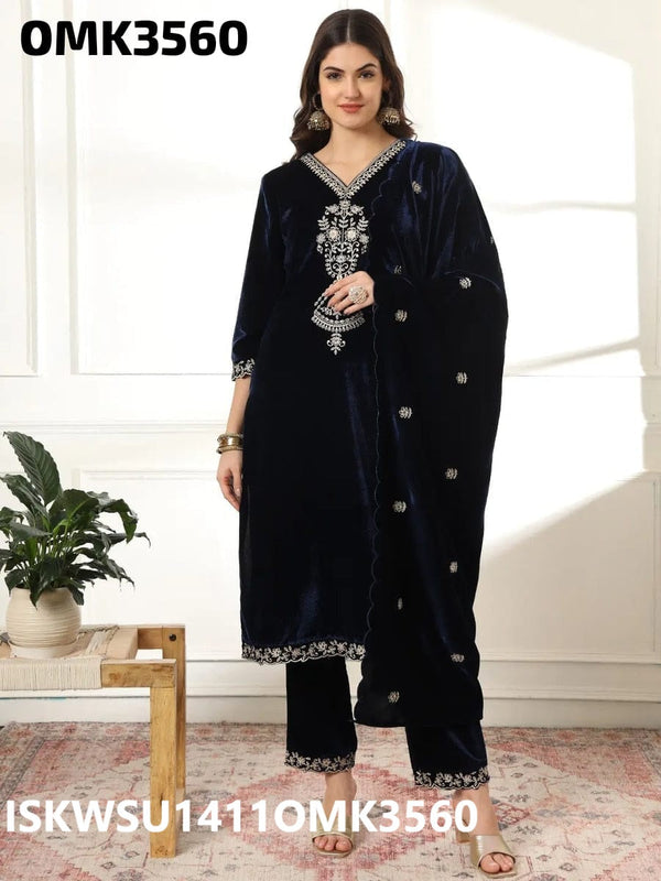 Embroidered Velvet Kurti With Pant And Dupatta-ISKWSU1411OMK3560