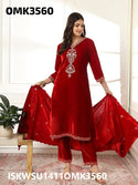 Embroidered Velvet Kurti With Pant And Dupatta-ISKWSU1411OMK3560