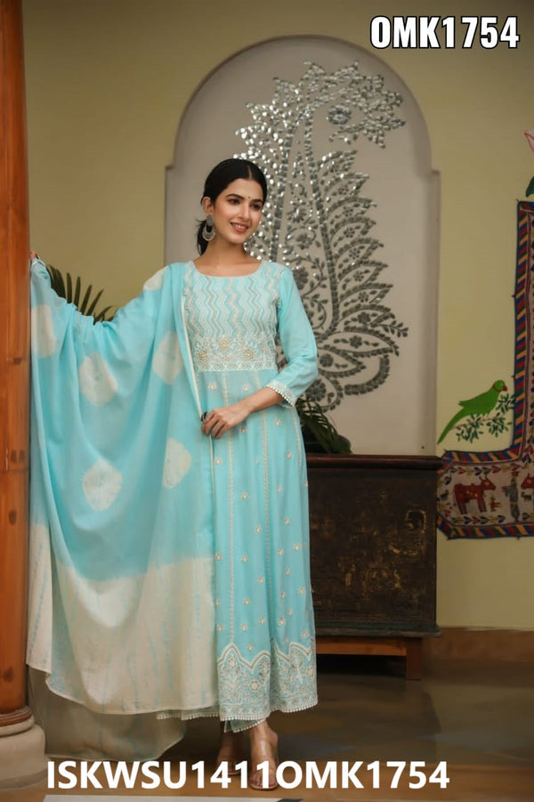 Embroidered Rayon Anarkali Kurti With Pant And Cotton Dupatta-ISKWSU1411OMK1754