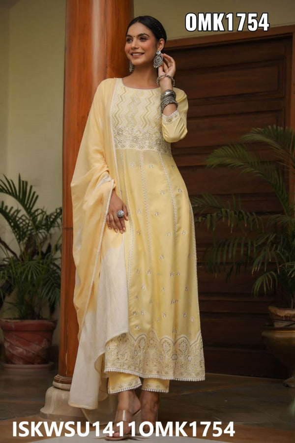 Embroidered Rayon Anarkali Kurti With Pant And Cotton Dupatta-ISKWSU1411OMK1754