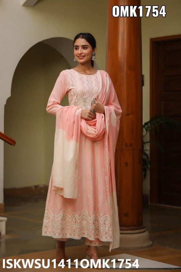 Embroidered Rayon Anarkali Kurti With Pant And Cotton Dupatta-ISKWSU1411OMK1754