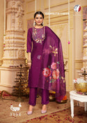 Embroidered Viscose Modal Kurti With Pant And Digital Printed Organza Dupatta-ISKWSUFC181124Y