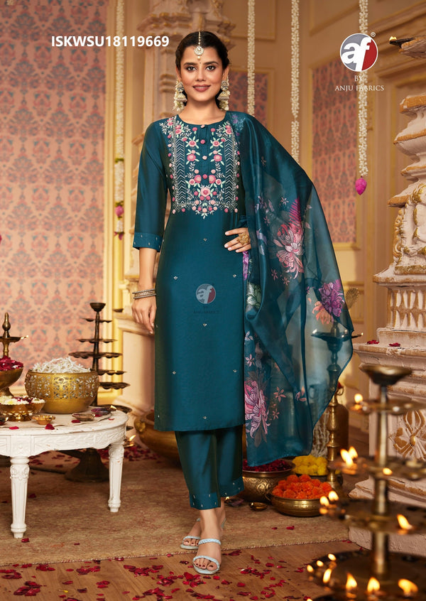 Embroidered Viscose Modal Kurti With Pant And Digital Printed Organza Dupatta-ISKWSUFC181124Y