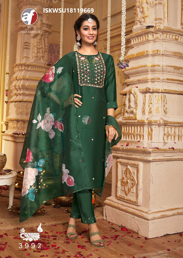 Embroidered Viscose Modal Kurti With Pant And Digital Printed Organza Dupatta-ISKWSUFC181124Y