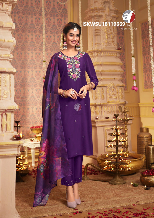 Embroidered Viscose Modal Kurti With Pant And Digital Printed Organza Dupatta-ISKWSUFC181124Y