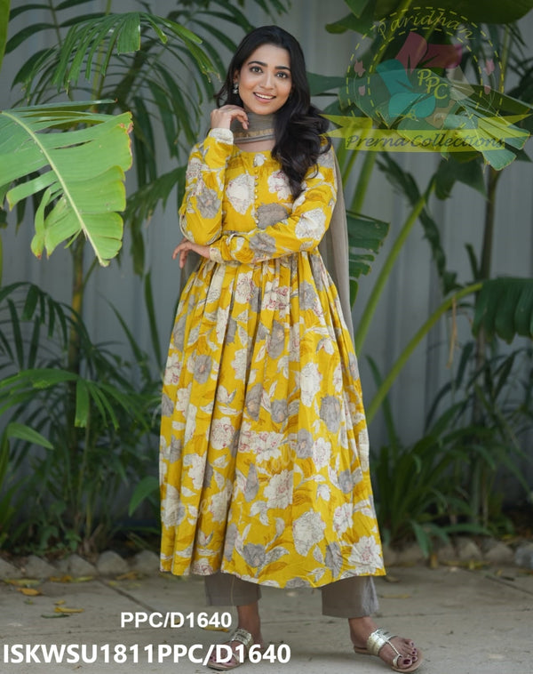 Kalamkari Printed Cotton Anarkali Kurti With Cotton Pant And Kota Doriya Dupatta-ISKWSU1811PPC/D1640