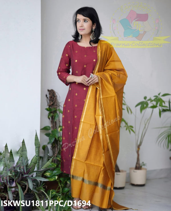 Handloom Weaved Silk Kurti With Silk Pant And Zari Dupatta-ISKWSU1811PPC/D1694