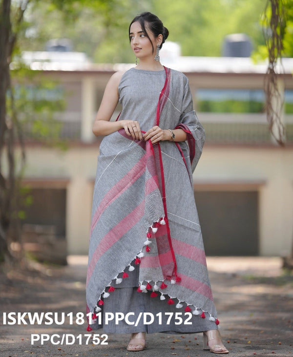 Handloom A-Line Kurti With Handloom Cotton Palazzo And Linen Dupatta-ISKWSU1811PPC/D1852