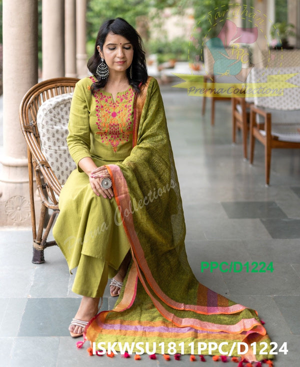 Handloom Cotton Kurti With Handloom Pant And Linen Dupatta-ISKWSU1811PPC/D1224