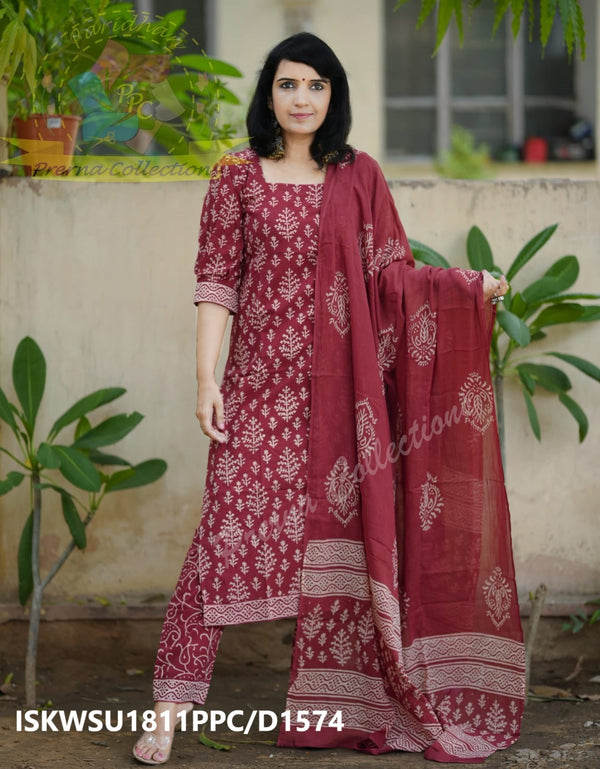 Hand Block Printed Cotton Kurti With Pant And Malmal Cotton Dupatta-ISKWSU1811PPC/D1574