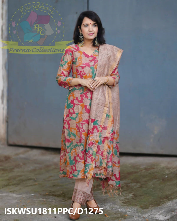 Kalamkari Printed Handloom Cotton Silk Kurti With Cotton Silk Pant And Dupatta -ISKWSU1811PPC/D1275