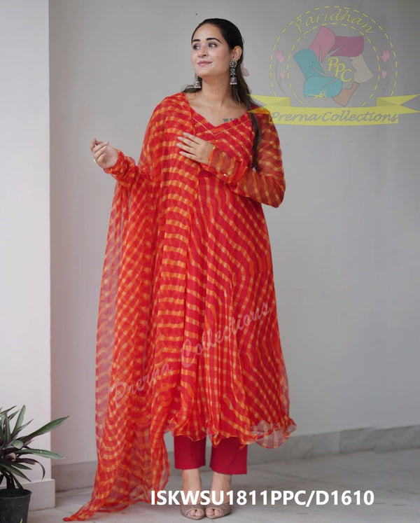 Lehariya Printed Cotton Anarkali Kurti With Cotton Pant And Dupatta-ISKWSU1811PPC/D1610