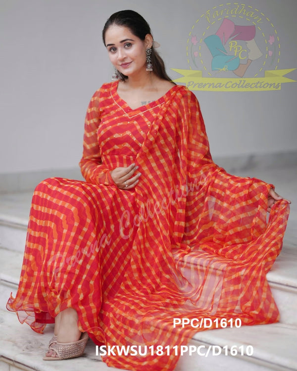 Lehariya Printed Cotton Anarkali Kurti With Cotton Pant And Dupatta-ISKWSU1811PPC/D1610