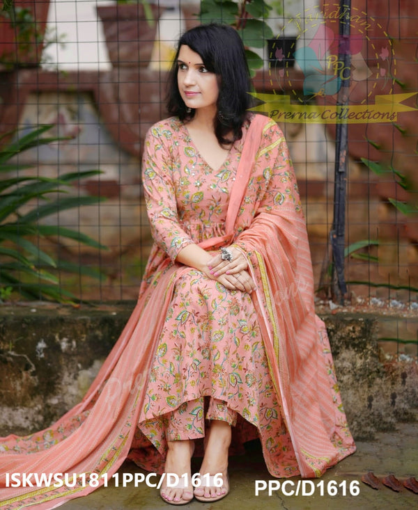 Kalamkari Printed Cotton Anarkali Kurti With Pant And Malmal Cotton Dupatta-ISKWSU1811PPC/D1616