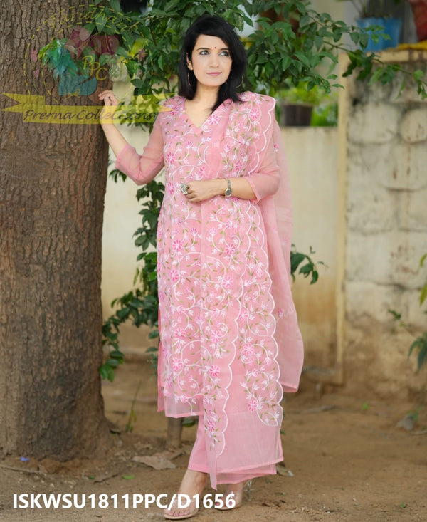 Embroidered Kota Doriya Kurti With Cotton Pant And Kota Doriya Dupatta-ISKWSU1811PPC/D1656