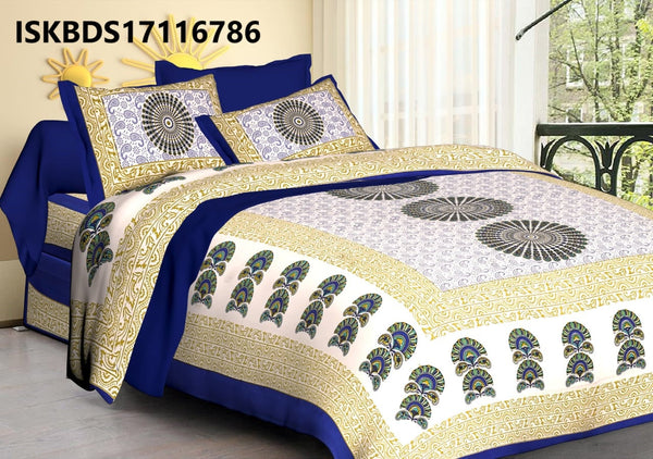 Jaipuri Printed Double Bed-Sheet With 2 Flap Pillow Cover Set-ISKBDS17116786