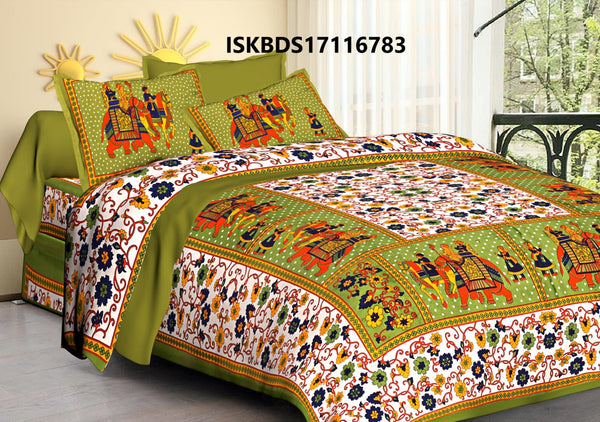 Jaipuri Printed Double Bed-Sheet With 2 Flap Pillow Cover Set-ISKBDS17116783