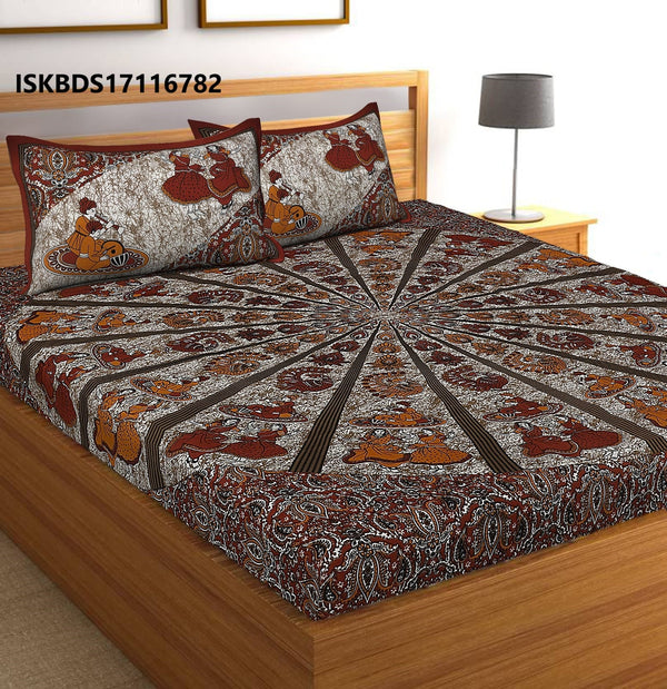 Jaipuri Printed Double Bed-Sheet With 2 Flap Pillow Cover Set-ISKBDS17116782