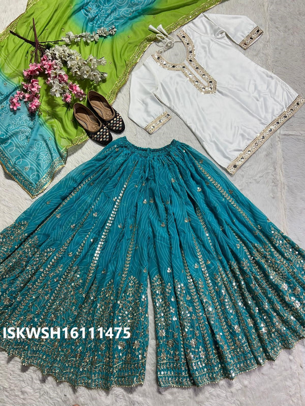 Embroidered Malay Silk Kurti With Sharara And Digital Printed Dupatta-ISKWSH16111475