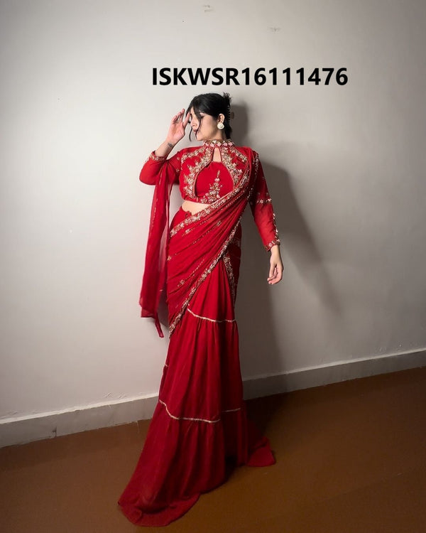 Embroidered Georgette Ready To Wear Saree With Blouse-ISKWSR16111476