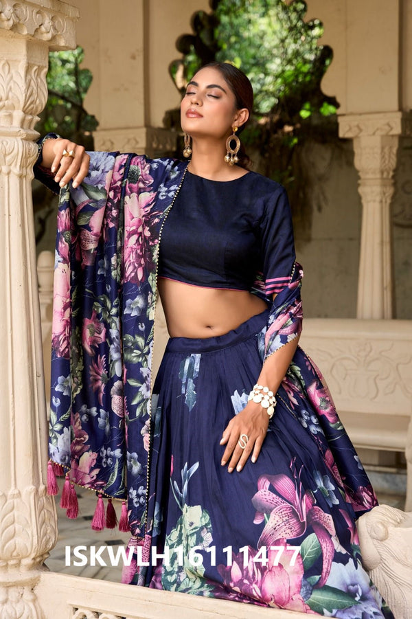 Floral Printed Tussar Silk Lehenga With Blouse And Dupatta-ISKWLH16111477