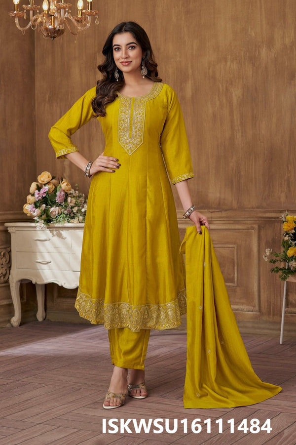 Embroidered Silk Flared Kurti With Pant And Dupatta-ISKWSU16111484