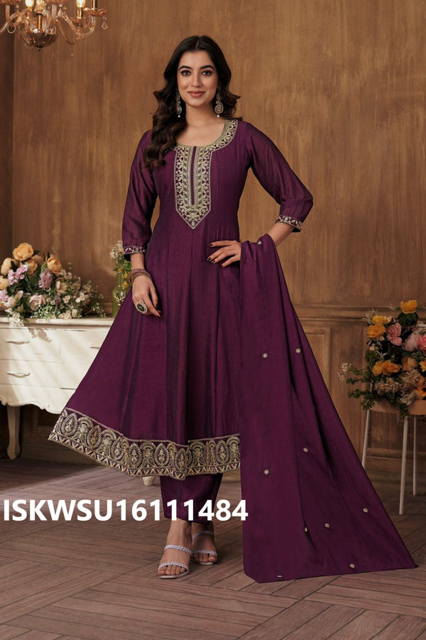 Embroidered Silk Flared Kurti With Pant And Dupatta-ISKWSU16111484