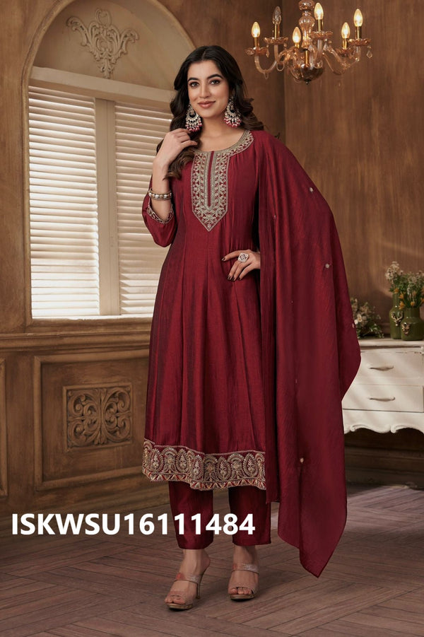 Embroidered Silk Flared Kurti With Pant And Dupatta-ISKWSU16111484