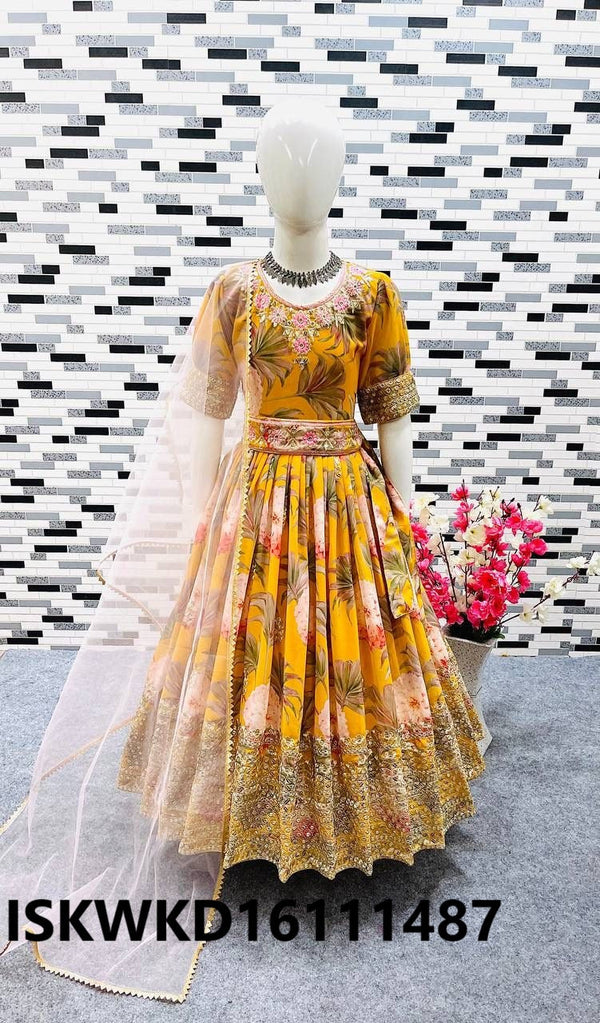 Kid's Digital Printed Georgette Gown With Net Dupatta-ISKWKD16111487