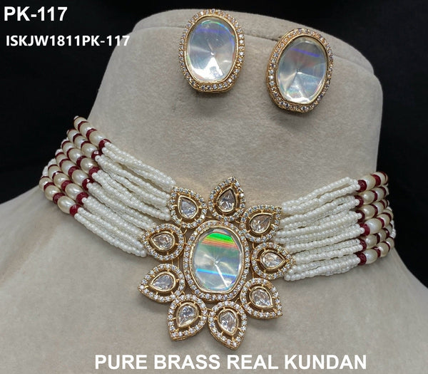 Pure Brass Real Kundan Necklace Set-ISKJW1811PK-117