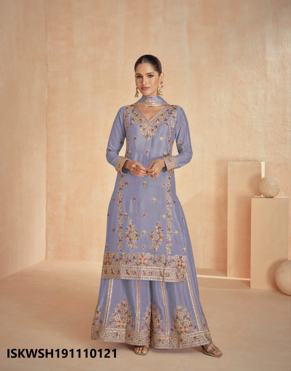 Embroidered Chinon Silk Kurti With Sharara And Dupatta-ISKWSH191110121