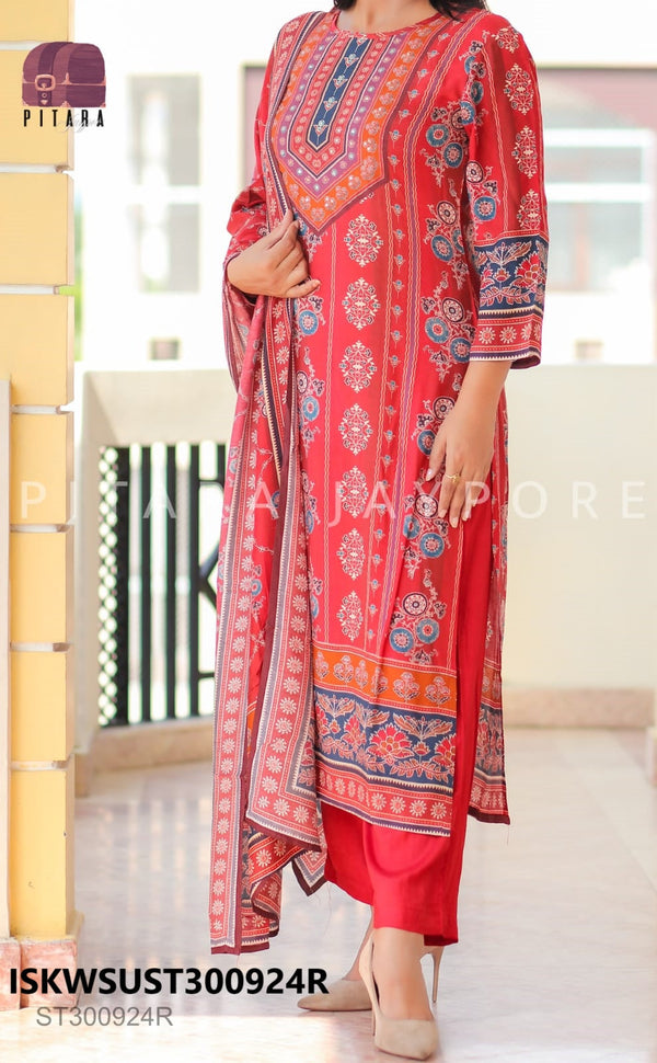 Authentic Ajrakh Printed Maslin Kurti With Silk Pant And Dupatta-ISKWSUST300924R