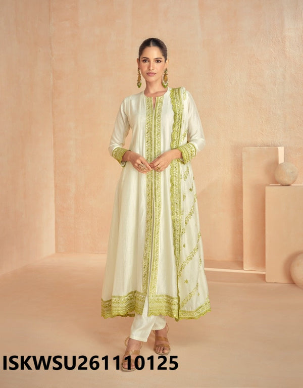 Embroidered Silk Front Slit Kurti With Pant And Dupatta-ISKWSU261110125