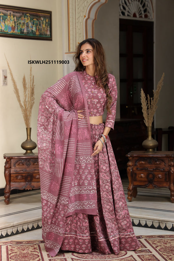 Bagru Hand Block Printed Cotton Lehenga With Blouse And Malmal Dupatta-ISKWLH251119003